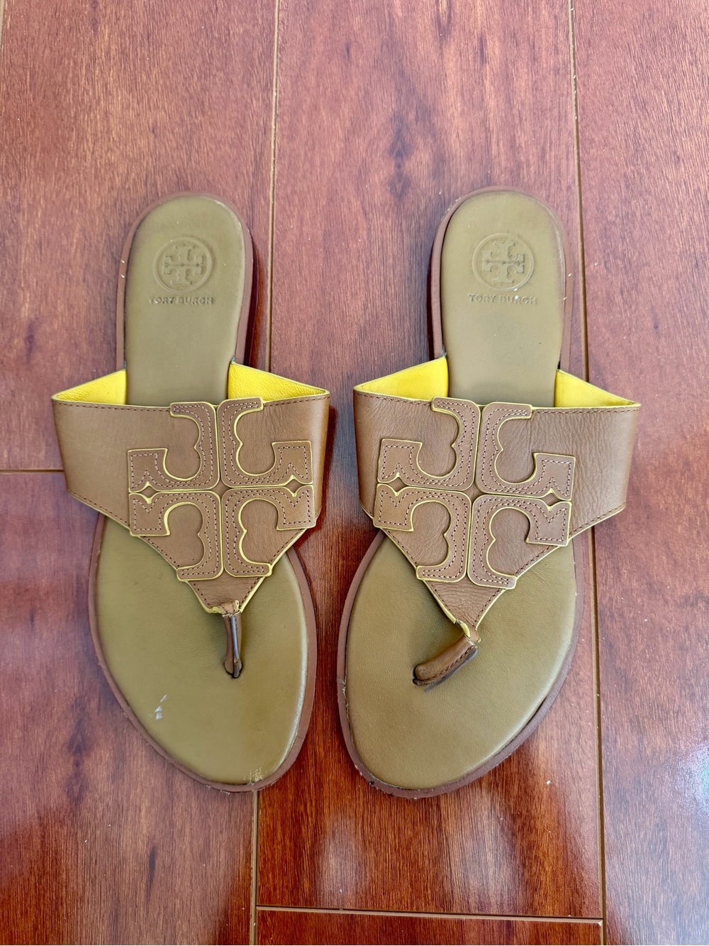 Tory Burch Brown Leather Miller Thong Sandals - Brown/Yellow Size 9